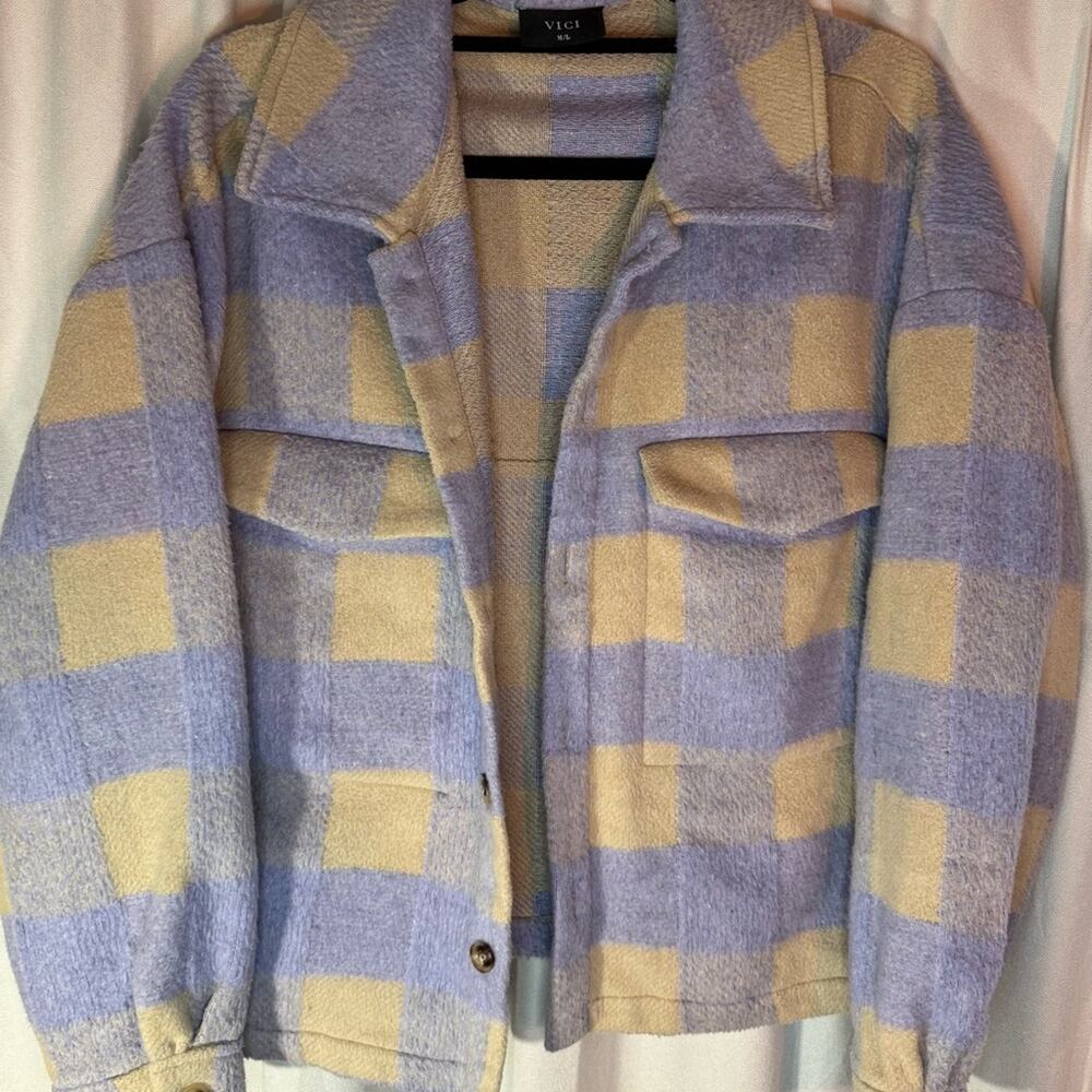 Vici Pastel Blue/Purple and Cream Checkered Jacket